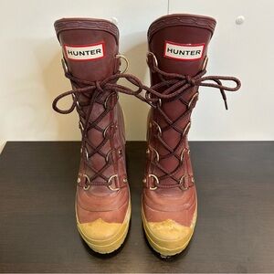 Hunter "Gabby" Heel Lace Up Rain Boots Burgundy Limited Edition